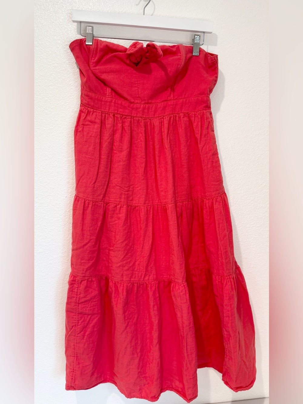 Cotton Strapless Tiered Midi Dress Tie Front Pockets Coastal Boho M